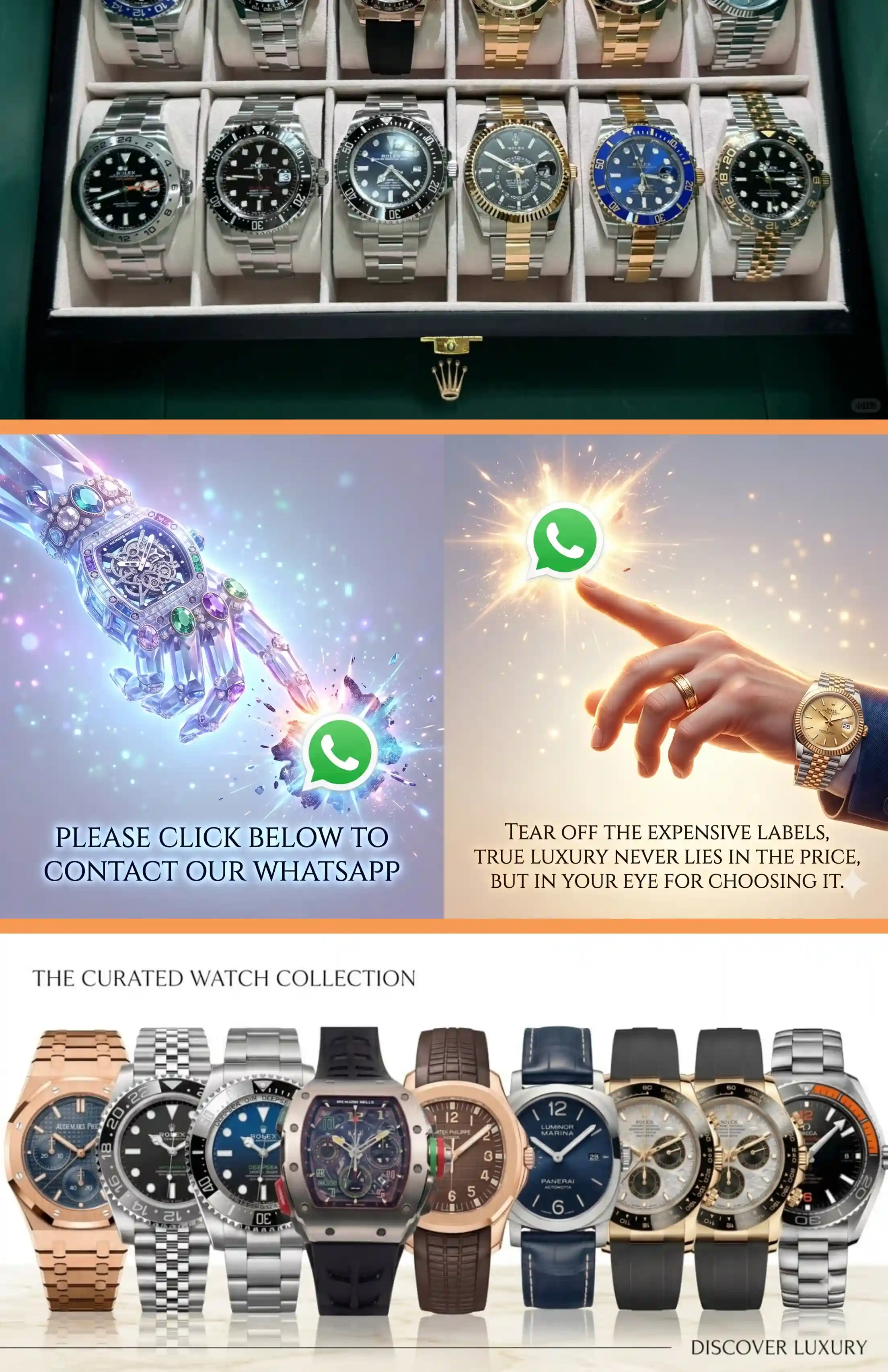 Luxury watch selection and WhatsApp contact